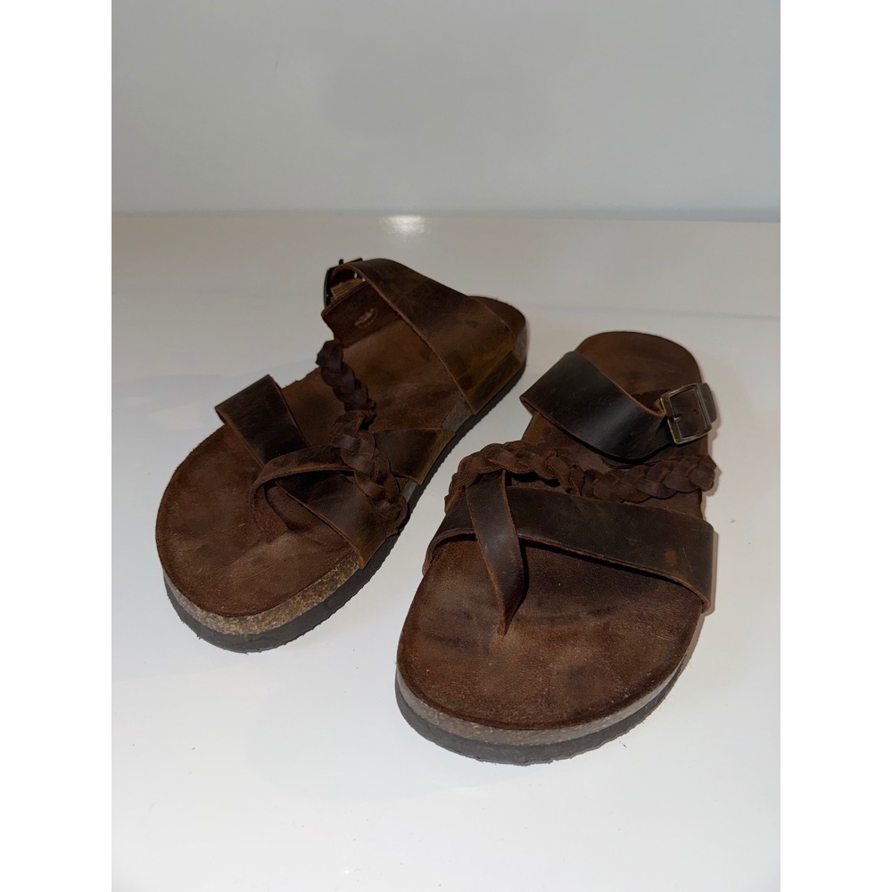 Mountain Sole Brown Leather Strappy Braided Sandals Toe Loop Buckle Size 8